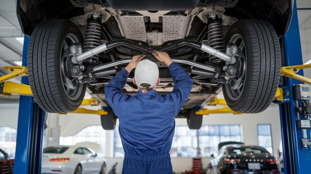 Suzuki Ertiga raised on hydraulic lift for suspension inspection