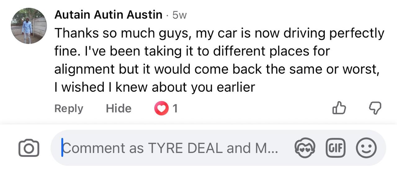Facebook review from Autain Autin Austin praising alignment service