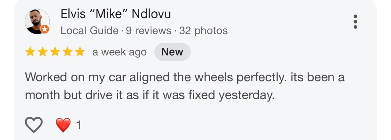 5-star Google review from Elvis Mike Ndlovu for wheel alignment service