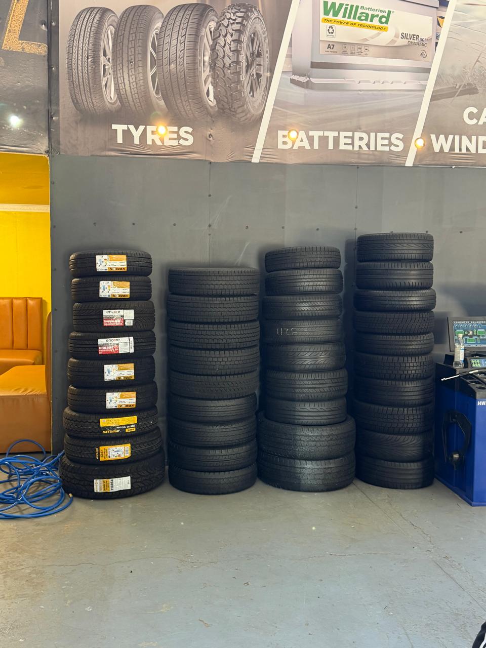 New tyres stacked and ready for same-day fitment